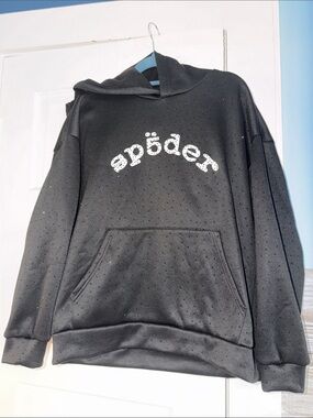Black Hooded Sweatshirt with White Curved Logo and all over rhinestone sparkle